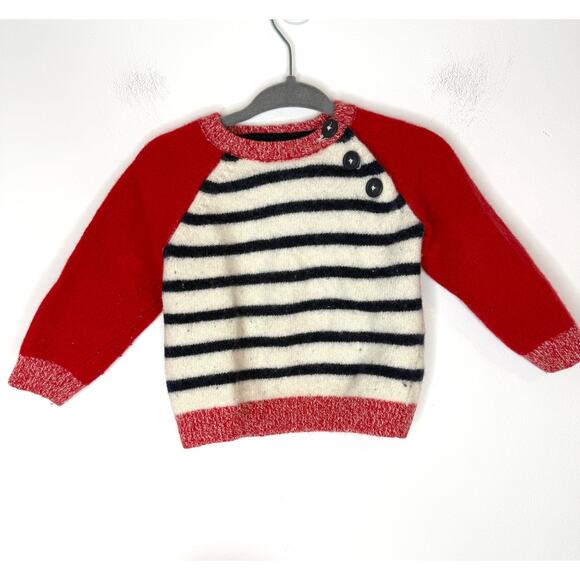 Baby Boden Striped Wool Sweater With Buttons In Red Navy Size 6-12 Months - Picture 1 of 8